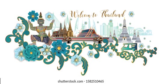 Welcome to Thailand and The Golden Grand Palace Temple of  Dawn and Giant, Thailand travel concept