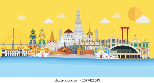 Welcome to Thailand and Grand Palace, Guardian Giant, Temple, Hualamphong station, Rama VIII Bridge, Wat Arun in Bangkok. Vector illustration