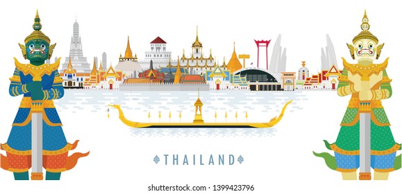 Welcome to Thailand and Guardian Giant, Thailand travel concept. The Golden Grand Palace To Visit In Thailand in flat style