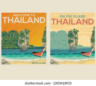 Welcome Thailand retro vector design. Phi Phi island artwork for t-shirt, poster, background, sticker and others.