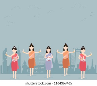 Welcome to Thailand with Thai women wearing traditional Dancing Thai. vector illustration