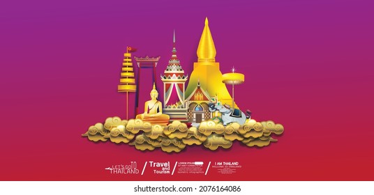 Welcome to Thailand with tourist attractions symbols representing countries, landmarks in elegant vector format and expressing beautiful Thailand.
