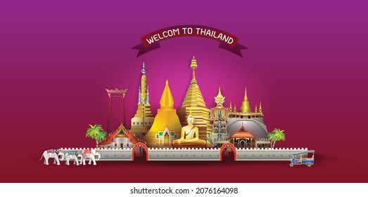 Welcome to Thailand with tourist attractions symbols representing countries, landmarks in elegant vector format and expressing beautiful Thainess.