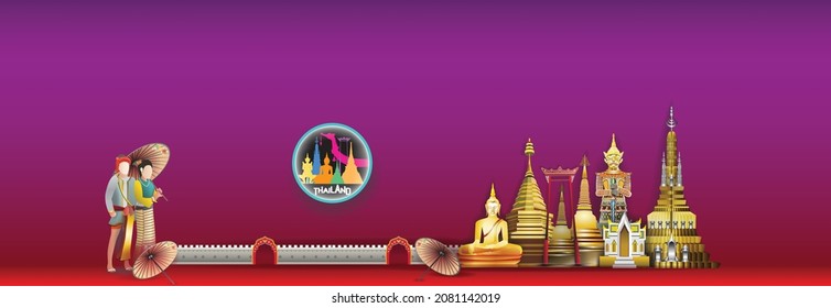 Welcome to Thailand with tourist attractions symbols representing countries, landmarks in elegant vector format and expressing beautiful Thainess.