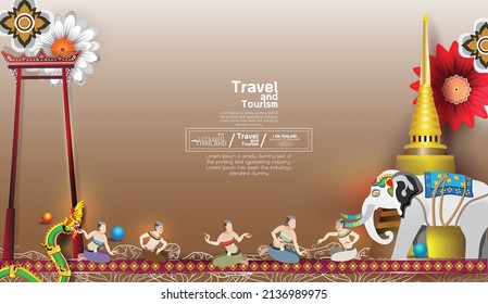 Welcome to Thailand with tourist attractions symbols representing countries, landmarks in elegant vector format and expressing beautiful Thainess.Use it as a background and appropriate symbolic public