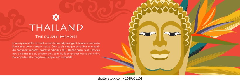 Welcome to Thailand. Travel Agency advertising flyer template. The statue of the Golden Buddha, a religious symbol. Wind illustration.