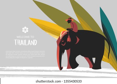 Welcome to Thailand. Travel Agency advertising flyer template. Elephant with rider on the background of exotic palm leaves.