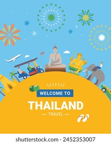 Bienvenido al póster de viaje de Tailandia. Atracciones famosas en la superficie del globo amarillo.