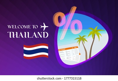 Welcome to Thailand vector illustration concept. Sale of tours to travel Thai after quarantine due to coronavirus epidemic. Discounts on air tickets, hotels. Travel across Thailand with sands beach