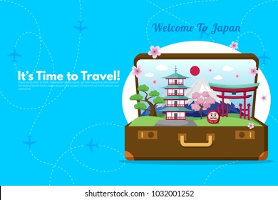 Welcome To Japan.It’s Time to Travel.Trip to Japan. Travel to Japan. Vacation. Road trip. Tourism. Travel banner.Open suitcase with landmarks. Journey. Travelling illustration. Modern flat design.