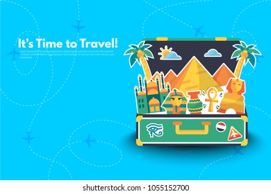 Welcome To Egypt.It’s Time to Travel.Trip to Japan. Travel to Japan. Vacation. Road trip. Tourism. Travel banner.Open suitcase with landmarks. Journey. Travelling illustration. Modern flat design.