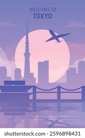 Welcome to Tokyo, Japan. Gradient city poster, card with shapes of skyline, waterfront and airplane. Asia metropolitan travel vector illustration, print, graphic