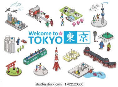 Welcome to TOKYO JAPAN.Isometric vector Illustration of TOKYO CITY JAPAN.The Japanese character written in the picture means Tokyo city name.