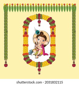 Welcome Toran decoration of marigold flowers on yellow background with lord Ganesha