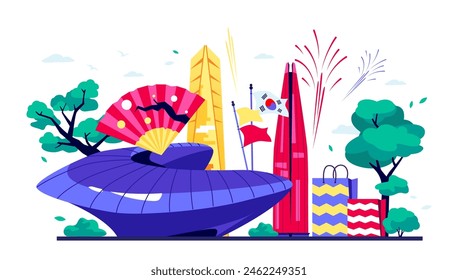 Welcome tourists in South Korea - modern colored vector illustration with Lotte World Tower in Seoul and Northeast Asia Trade Skyscraper, fireworks, souvenirs, celebration and fan with sakura