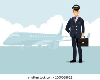 Bienvenidos a viajar en avión. Piloto, capitán   Caricatura de ilustraciones vectoriales