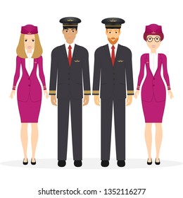 Welcome to travel by plane. Pilot, capitan, flying attendants, air hostess. Vector illustration cartoon character. Eps 10