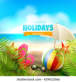 Welcome to tropical paradise. Seaside view on beautiful sunny beach with palm leaves, beach ball, sunglasses,diving fins and flip-flops - vector background