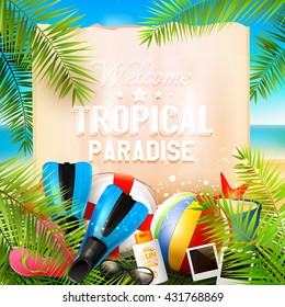 Welcome to tropical paradise. Seaside view on beautiful sunny beach with palm leaves, beach ball, sunglasses,diving fins and flip-flops - vector background