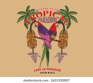 Welcome to tropical paradise. Summer vibes artwork. Copacabana beach art. Tropical paradise. Banana tree. Macaw paradise artwork. Tropical bird with flower graphic print design.