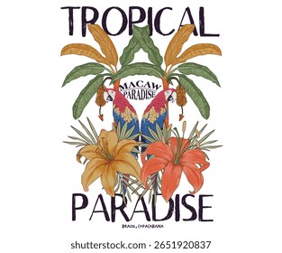 Welcome to tropical paradise. Summer vibes artwork. Copacabana beach art. Tropical paradise. Banana tree. Macaw paradise artwork. Tropical bird with flower graphic print design.