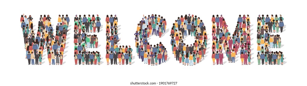 Welcome Typography Banner. Large Group Of People Standing Together In The Shape Of Welcome Word, Flat Vector Illustration. People Crowd Gathering. New Team Member Greeting Concept.