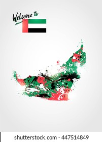 Welcome to UAE. Colorful United Arab Emirates map with  flag and paint/ink splashes. Welcome to inscription. Watercolor drawing. Vector illustration
