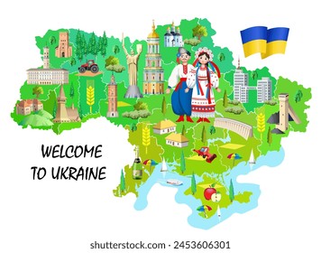 Welcome to Ukraine. Ukraine tourist map. Attractions of Ukraine. Vector illustration