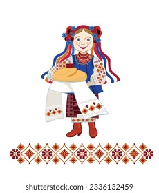 Welcome to Ukraine. Ukrainian girl meets honored guests with bread and salt. Girl in Ukrainian Clothes Holding loaf. Vector illustration. Isolated on white background