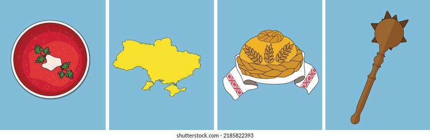 Welcome to Ukraine vector design.
Set of national symbols of Ukraine.   borscht,  mace, loaf