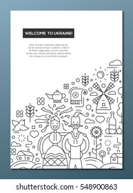 Welcome to Ukraine- vector simple line design brochure poster, flyer presentation template, A4 size layout. National Ukrainian symbols