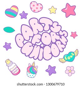 Welcome Unicorn Party text isolated on pastel colored background.