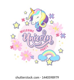 Welcome Unicorn Party text on textured background. Lettering typography. Great for logo, badge, greeting, card, stick cake topper, party, baby birthday, banner, invitation template. 