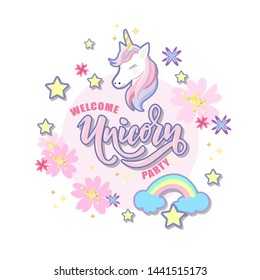 Welcome Unicorn Party text on textured background. Lettering typography. Great for logo, badge, greeting, card, stick cake topper, party, baby birthday, banner, invitation template. 