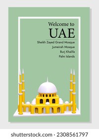 Welcome to United Arab Emirates. Souvenir card template for tourist. List of most beautiful places in UAE. Vertical poster on green background with 3D mosque