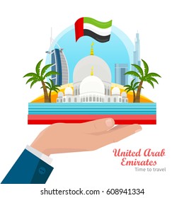 Welcome to United Arab Emirates vector concept. Flat illustration of Dubai and Abu Dhabi architecture. Skyscrapers, palm trees, UAE flag on man s hand