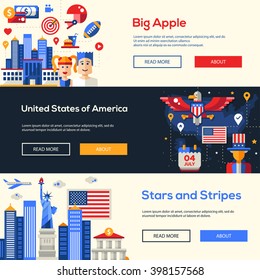 Welcome to the United States of America travel website flat design headers, banners set with famous Americana symbols 