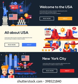 Bienvenidos a la página web de viajes de los Estados Unidos de América cabeceras de diseño plano, banderas enmarcadas con famosos símbolos Americanos 