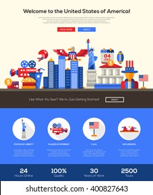 Welcome to the United States of America travel one page website template layout with flat design header, banner, icons and other elements, famous American symbols