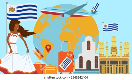 Welcome to Uruguay postcard. Travel and journey concept of Latinos country vector illustration with national flag of Uruguay