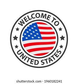Welcome to USA. Collection of icons welcome to. Stamp welcome to with waving country flag