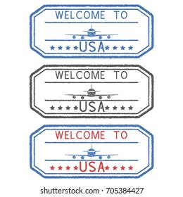 Welcome to USA colored stamps. With airplane sign. Vector illustration isolated on white background