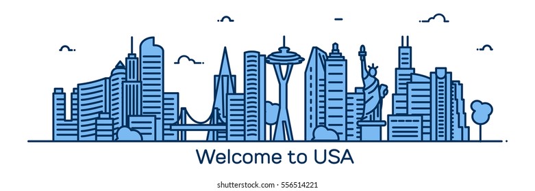 Welcome to USA, detailed silhouette, trendy vector illustration, linear style