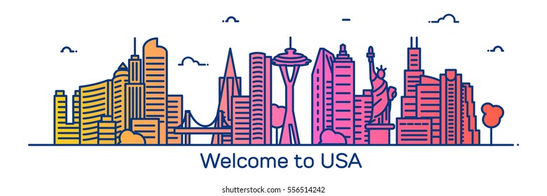 Welcome to USA, detailed silhouette, trendy vector illustration, linear style