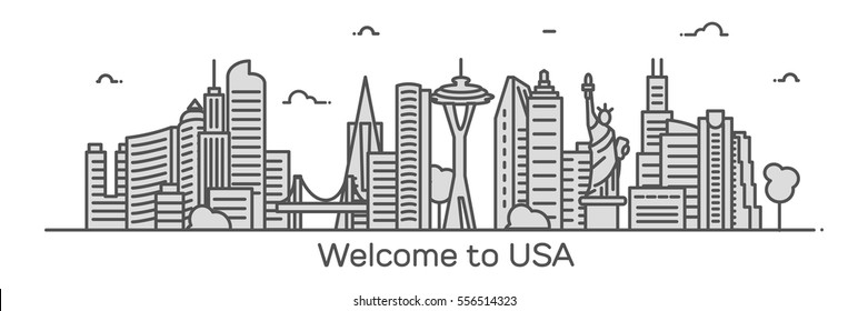 Welcome to USA, detailed silhouette, trendy vector illustration, linear style