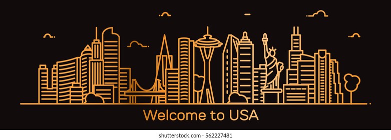 Welcome to USA, detailed silhouette, trendy vector illustration, linear style