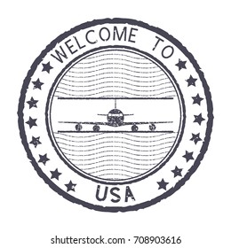 Welcome to USA. Gray round stamp with aircraft symbol and stars. Vector illustration isolated on white background