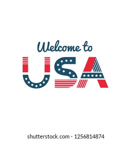 Welcome to USA greeting to a guest or newcomer. Card or banner design with patriotic themed flags. Vector illustration on white background