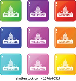 Welcome to USA icons set 9 color collection isolated on white for any design