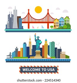 Welcome to USA. New York and San Francisco landscapes. The Statue of Liberty and the Golden Gate Bridge. Vector Flat illustrations